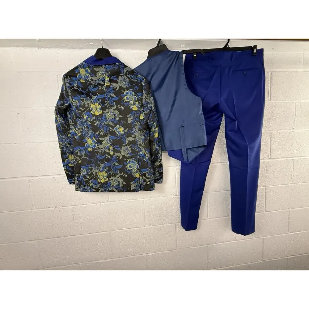 Pietro Scarlatti Mens Suit Tuxedo US 38 EU 48 Floral Blazer Vest Pants Blue T4
